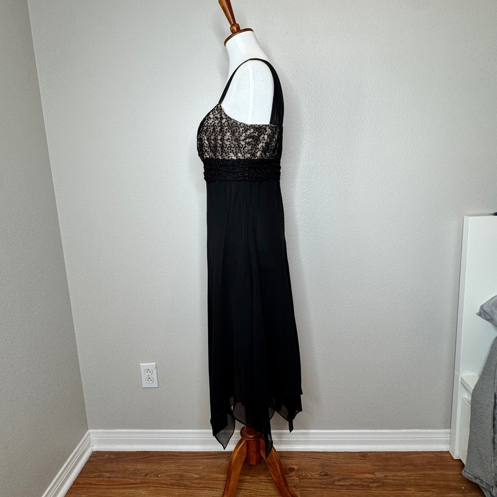 EVAN PICONE Cocktail Black Midi Dress 10 Lace Bodice Handkerchief Hem Formal - Picture 5 of 9